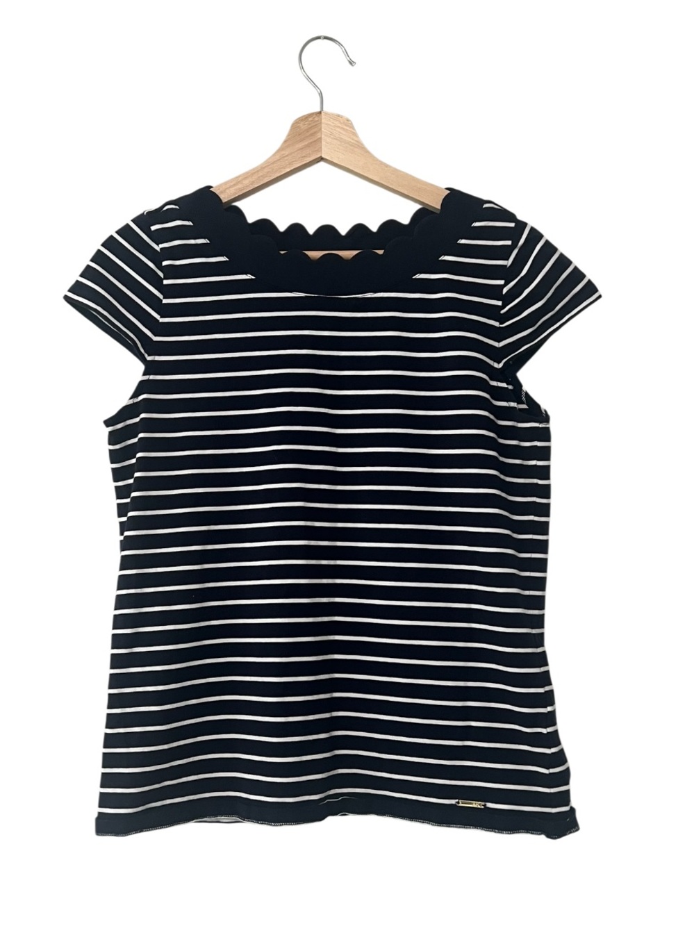 Anne Klein Black and White Striped Scallop Neck Top